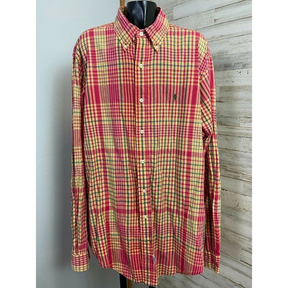 Ralph Lauren Men's XL Red/Yellow Plaid 100% Cotton Hand Woven Button-Down Shirt - Picture 1 of 3